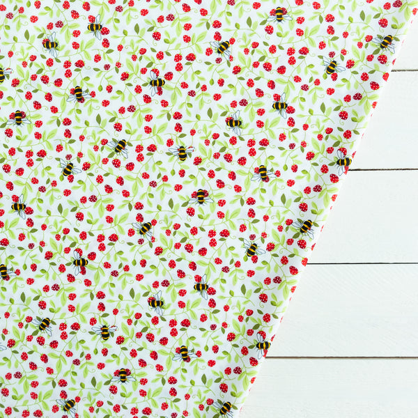Honey Bees and Strawberries Fabric | 100% Cotton Poplin | Rose and Hubble