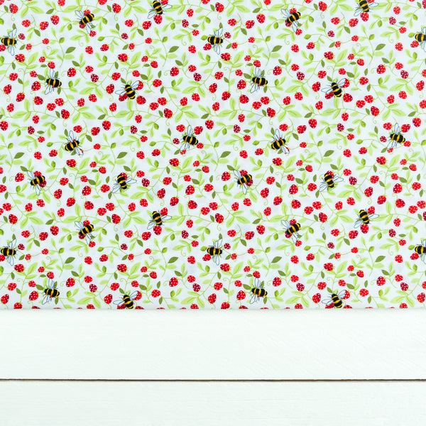 Honey Bees and Strawberries Fabric | 100% Cotton Poplin | Rose and Hubble