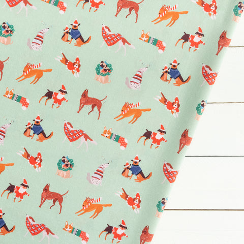 Green Dogs in Christmas Jumpers Fabric | 100% Cotton | Extra Wide Fabric | Little Johnny