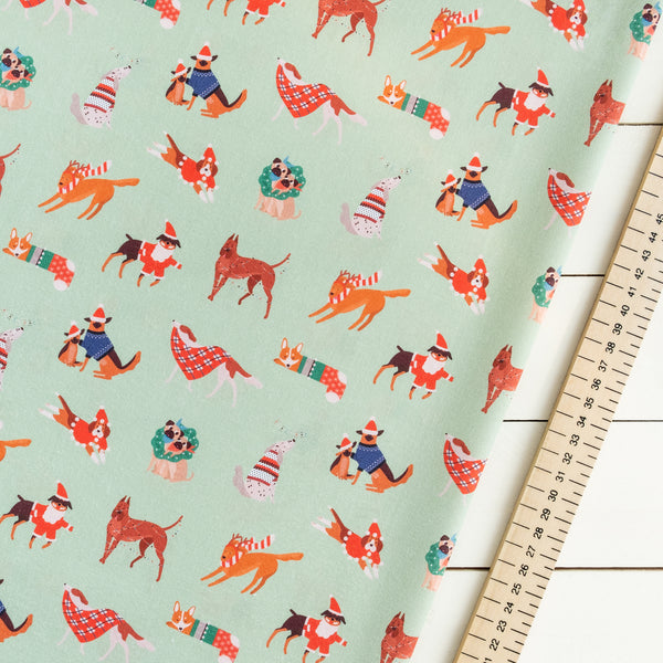 Green Dogs in Christmas Jumpers Fabric | 100% Cotton | Extra Wide Fabric | Little Johnny