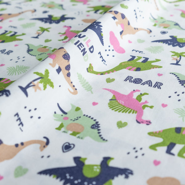 Green and Pink Dinosaur Fabric | 100% Cotton Poplin | Rose and Hubble