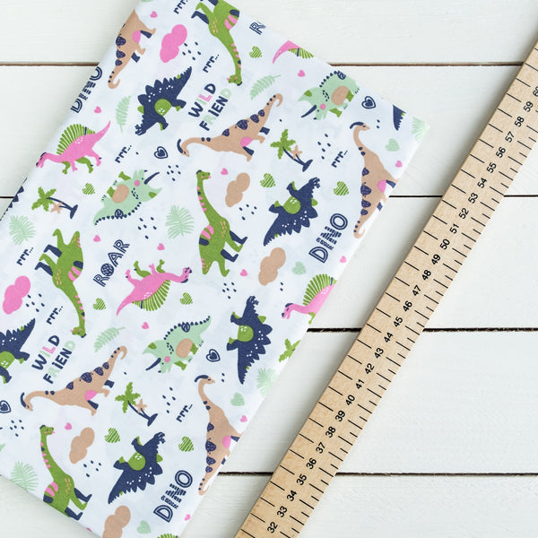 Green and Pink Dinosaur Fabric | 100% Cotton Poplin | Rose and Hubble
