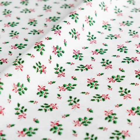White Ditsy Holly Christmas Fabric | 100% Cotton | John Louden