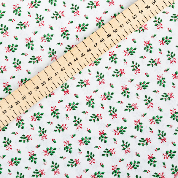 White Ditsy Holly Christmas Fabric | 100% Cotton | John Louden