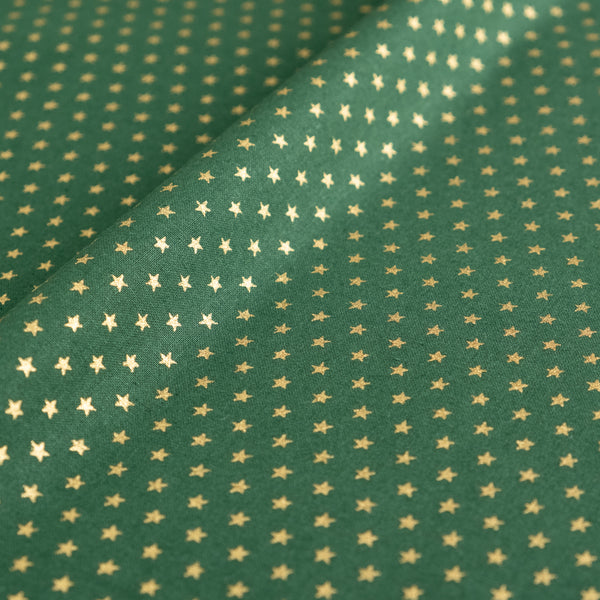 Tiny Gold Glitter Stars on Green Christmas Fabric | 100% Cotton | John Louden