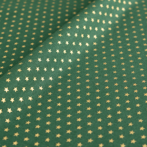 Tiny Gold Glitter Stars on Green Christmas Fabric | 100% Cotton | John Louden
