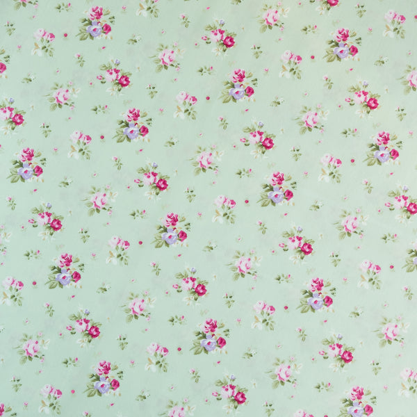 Meadow Green and Pale Pink Bouquet Floral Fabric | 100% Cotton Poplin | Rose and Hubble