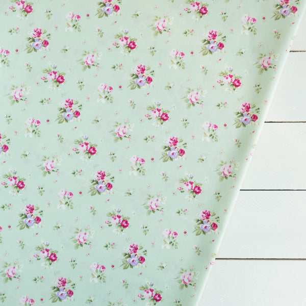 Meadow Green and Pale Pink Bouquet Floral Fabric | 100% Cotton Poplin | Rose and Hubble