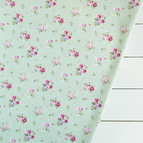 Meadow Green and Pale Pink Bouquet Floral Fabric | 100% Cotton Poplin | Rose and Hubble