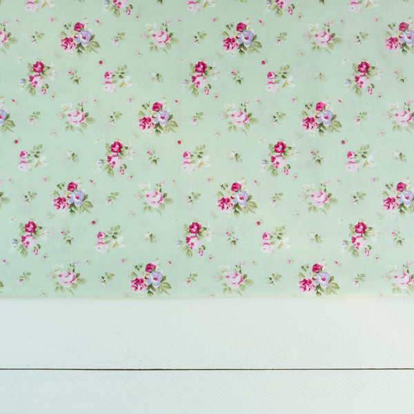 Meadow Green and Pale Pink Bouquet Floral Fabric | 100% Cotton Poplin | Rose and Hubble