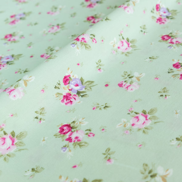 Meadow Green and Pale Pink Bouquet Floral Fabric | 100% Cotton Poplin | Rose and Hubble