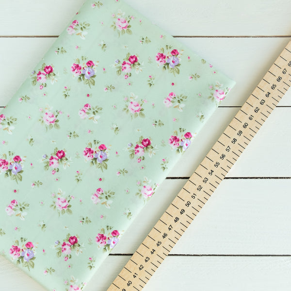 Meadow Green and Pale Pink Bouquet Floral Fabric | 100% Cotton Poplin | Rose and Hubble