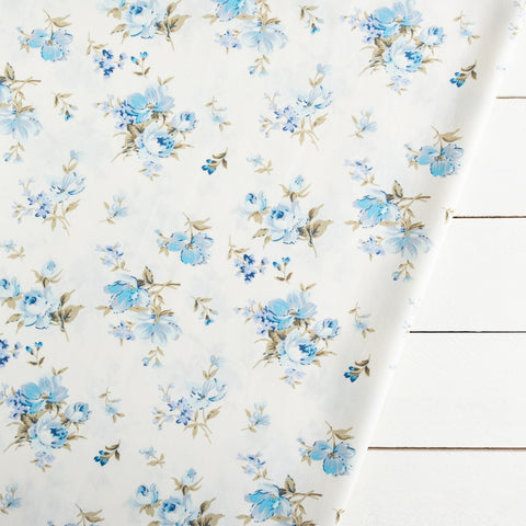 Pale Blue and Green Floral Fabric | 100% Cotton Poplin | Rose and Hubble