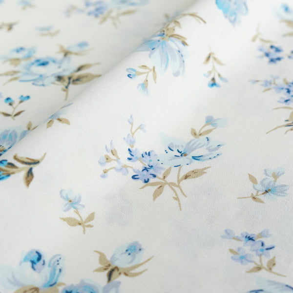 Pale Blue and Green Floral Fabric | 100% Cotton Poplin | Rose and Hubble