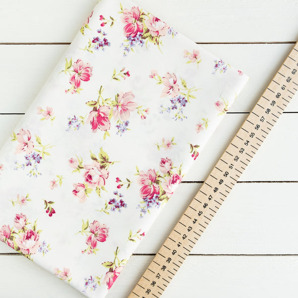 Pink and Lilac Floral Fabric | 100% Cotton Poplin | Rose and Hubble