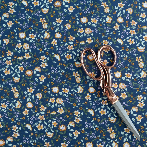 Dark Blue and Gold Ditsy Floral Fabric | 100% Cotton Poplin | Extra Wide Fabric | John Louden
