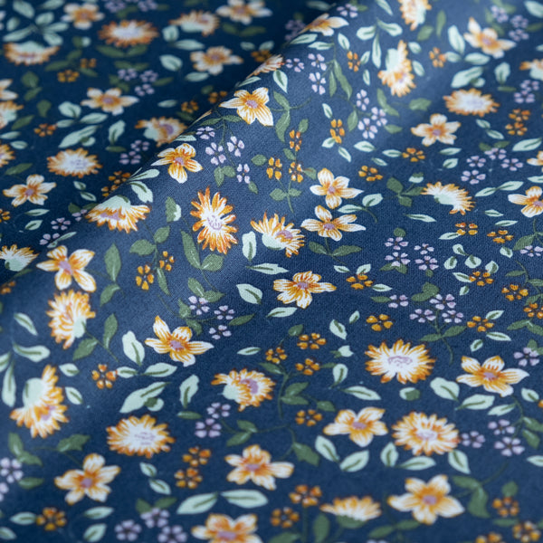 Dark Blue and Gold Ditsy Floral Fabric | 100% Cotton Poplin | Extra Wide Fabric | John Louden