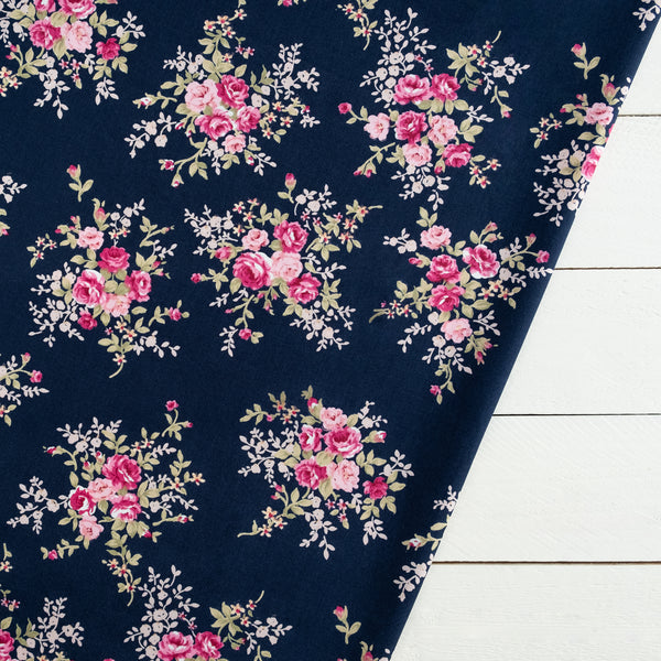 Navy and Pink Vintage Roses Floral Fabric | 100% Cotton Poplin | Rose and Hubble