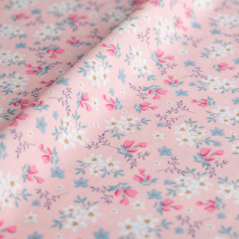 Pale Pink and White Floral Fabric | 100% Cotton Poplin | Rose and Hubble