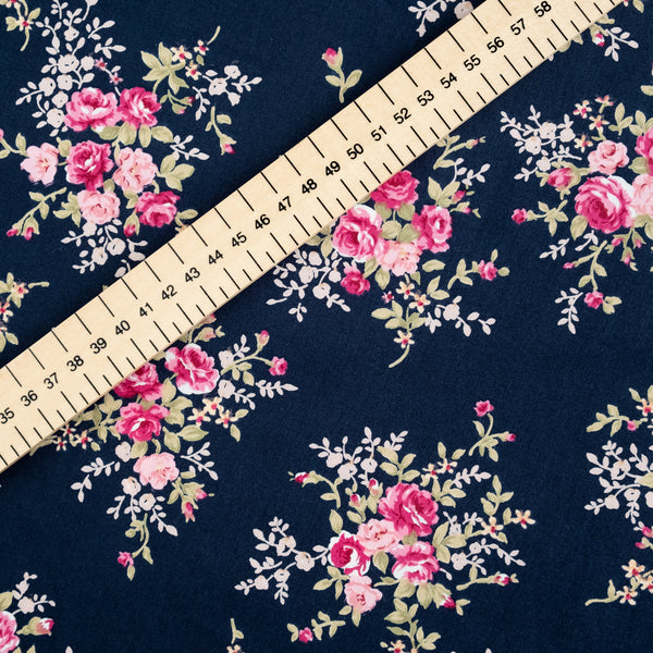 Navy and Pink Vintage Roses Floral Fabric | 100% Cotton Poplin | Rose and Hubble