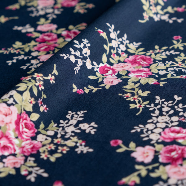 Navy and Pink Vintage Roses Floral Fabric | 100% Cotton Poplin | Rose and Hubble