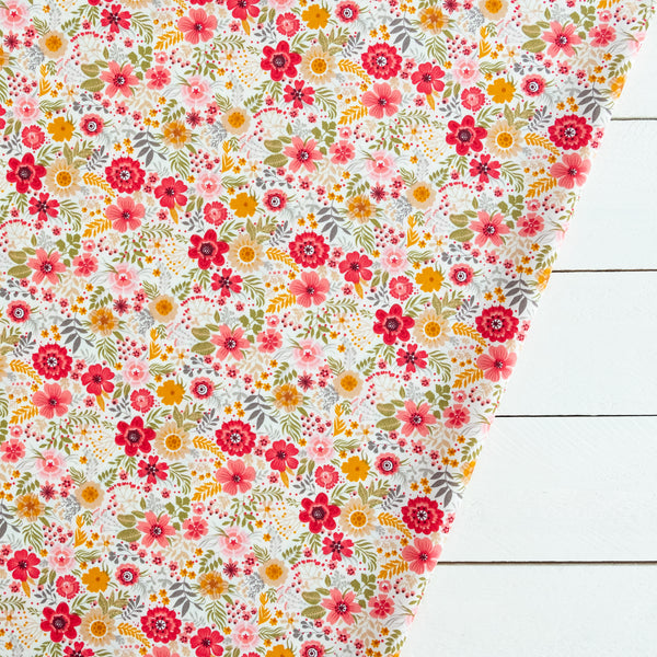 Pink and Mustard Floral Fabric | 100% Cotton Poplin | Rose and Hubble