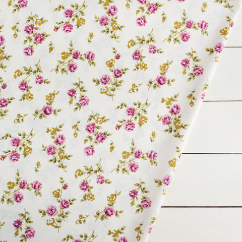 Pink and Green Roses on Cream Vintage Floral Fabric | 100% Cotton Poplin | Rose and Hubble