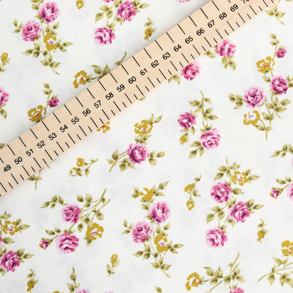 Pink and Green Roses on Cream Vintage Floral Fabric | 100% Cotton Poplin | Rose and Hubble