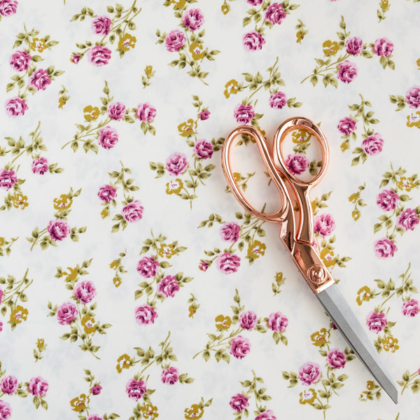 Pink and Green Roses on Cream Vintage Floral Fabric | 100% Cotton Poplin | Rose and Hubble