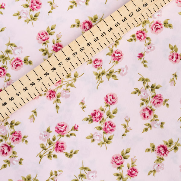 Pink and Green Roses on Pale Pink Vintage Floral Fabric | 100% Cotton Poplin | Rose and Hubble