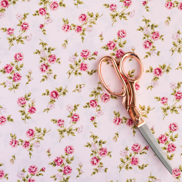 Pink and Green Roses on Pale Pink Vintage Floral Fabric | 100% Cotton Poplin | Rose and Hubble