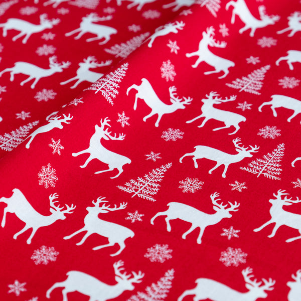 Red Scandi Christmas Reindeer Fabric | 100% Cotton | Rose and Hubble