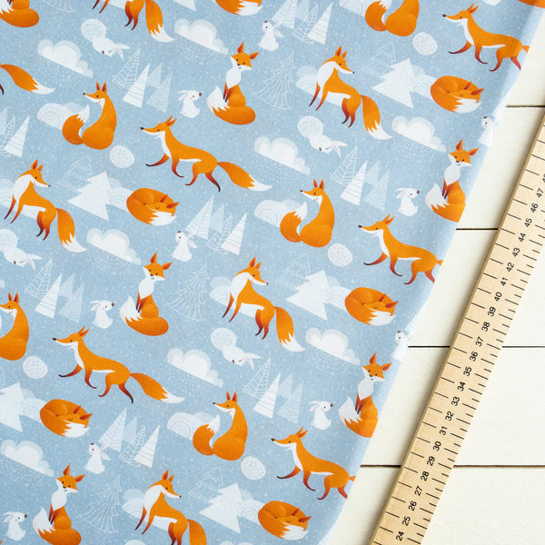 Blue Winter Fox and Rabbit Fabric | 100% Cotton | Extra Wide Fabric | Little Johnny