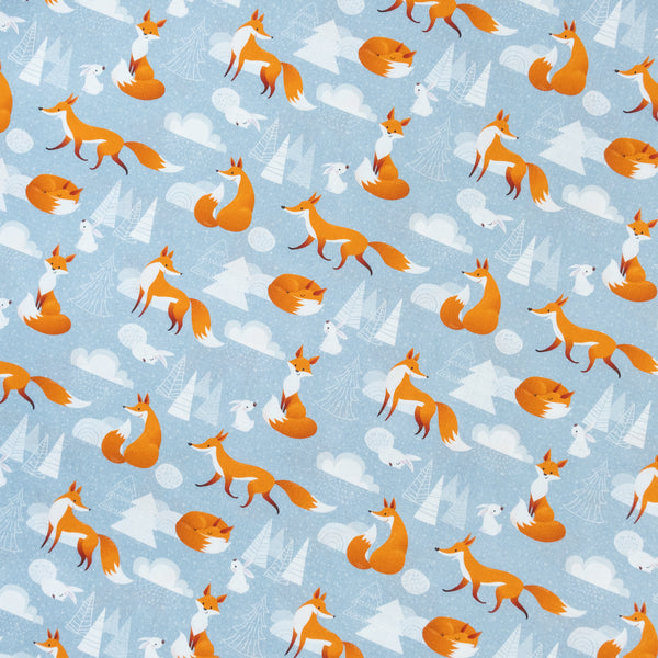 Blue Winter Fox and Rabbit Fabric | 100% Cotton | Extra Wide Fabric | Little Johnny