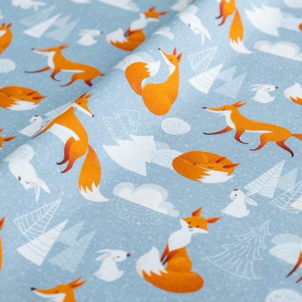 Blue Winter Fox and Rabbit Fabric | 100% Cotton | Extra Wide Fabric | Little Johnny