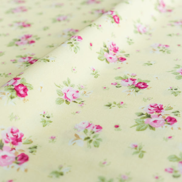 Lemon Yellow and Pale Pink Bouquet Floral Fabric | 100% Cotton Poplin | Rose and Hubble