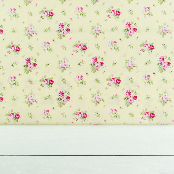 Lemon Yellow and Pale Pink Bouquet Floral Fabric | 100% Cotton Poplin | Rose and Hubble