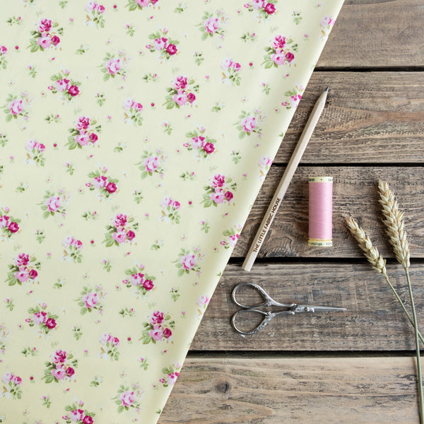 Lemon Yellow and Pale Pink Bouquet Floral Fabric | 100% Cotton Poplin | Rose and Hubble